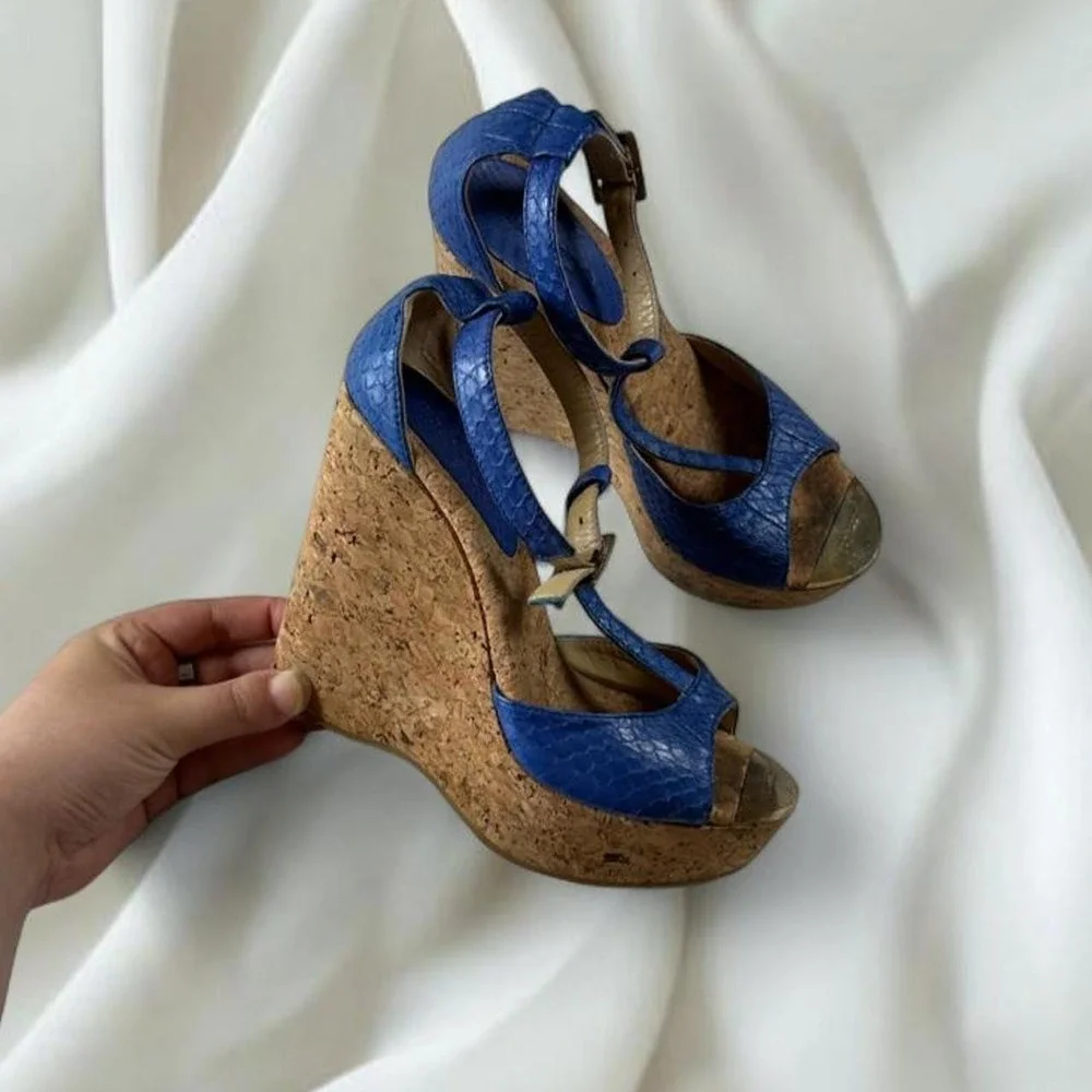 Jimmy Choo blue snake skin embossed leather platform cork wedge sandals y2k